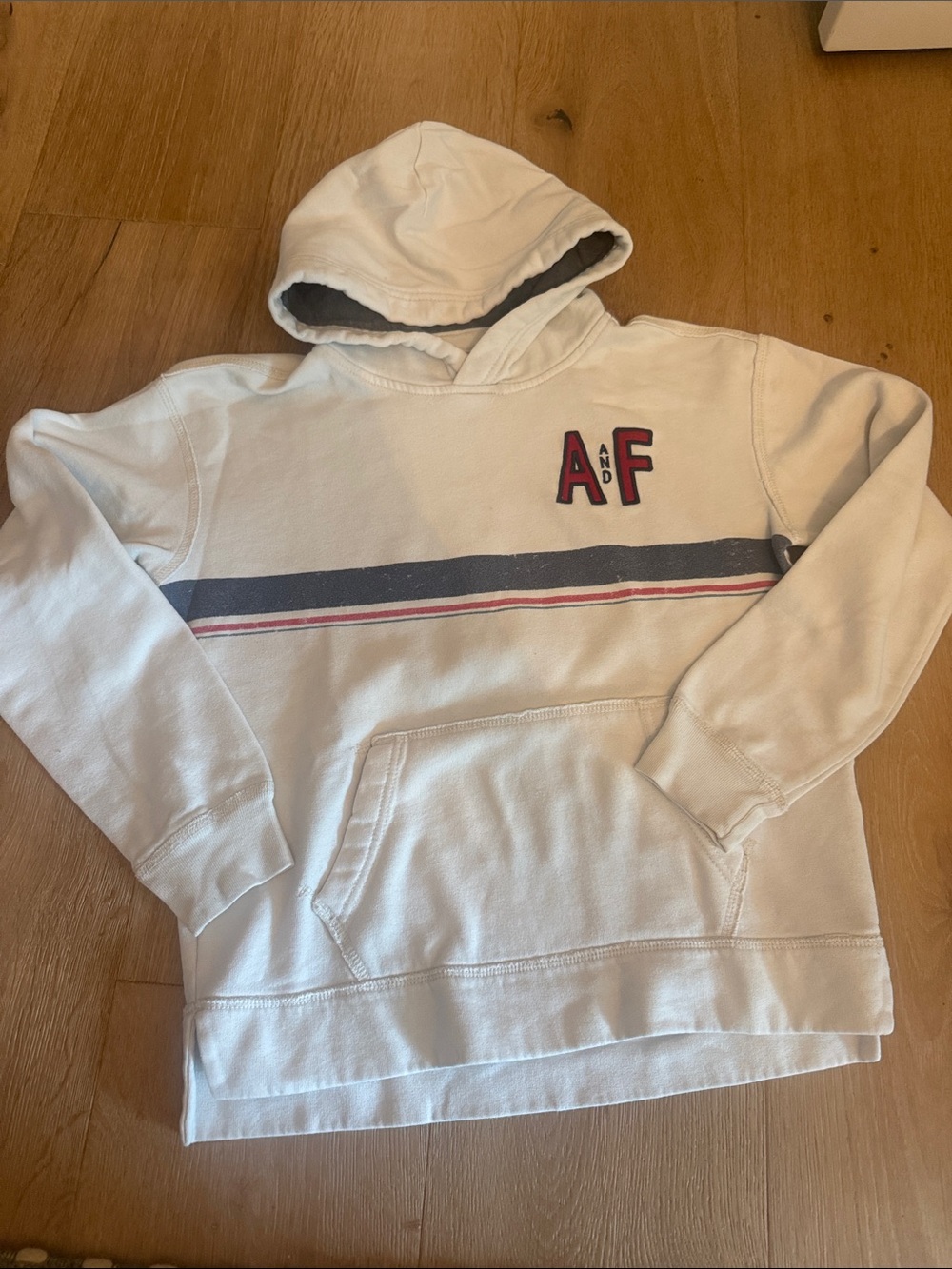 abercrombie kids Cream Hoodie with Navy and Red Stripes